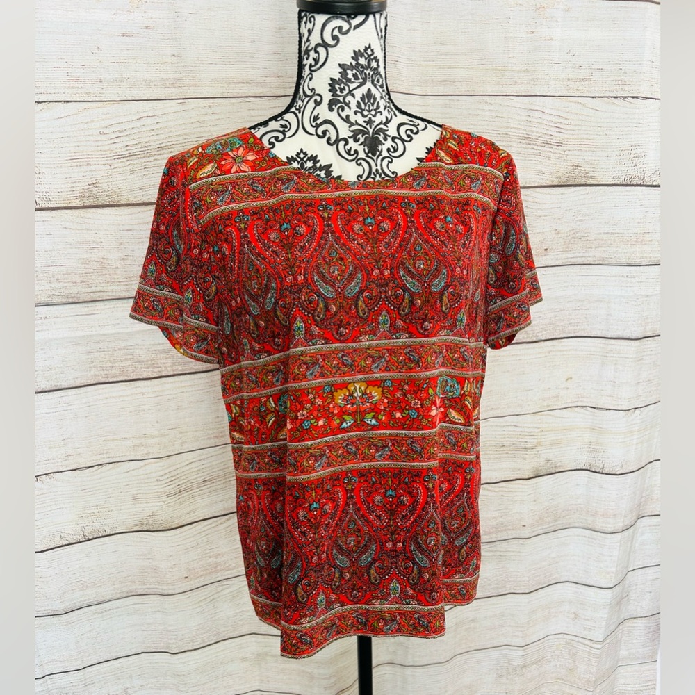 J. Crew Women’s Red Paisley Print Short Sleeve Crew Neck Keyhole Chiffon Blouse